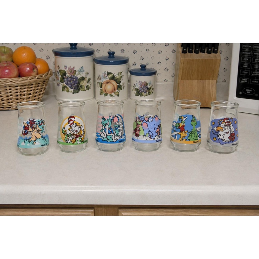 Vintage 1996 Welch Cat in The Hat Glass Jelly Jars, Complete Set of 6 Jars